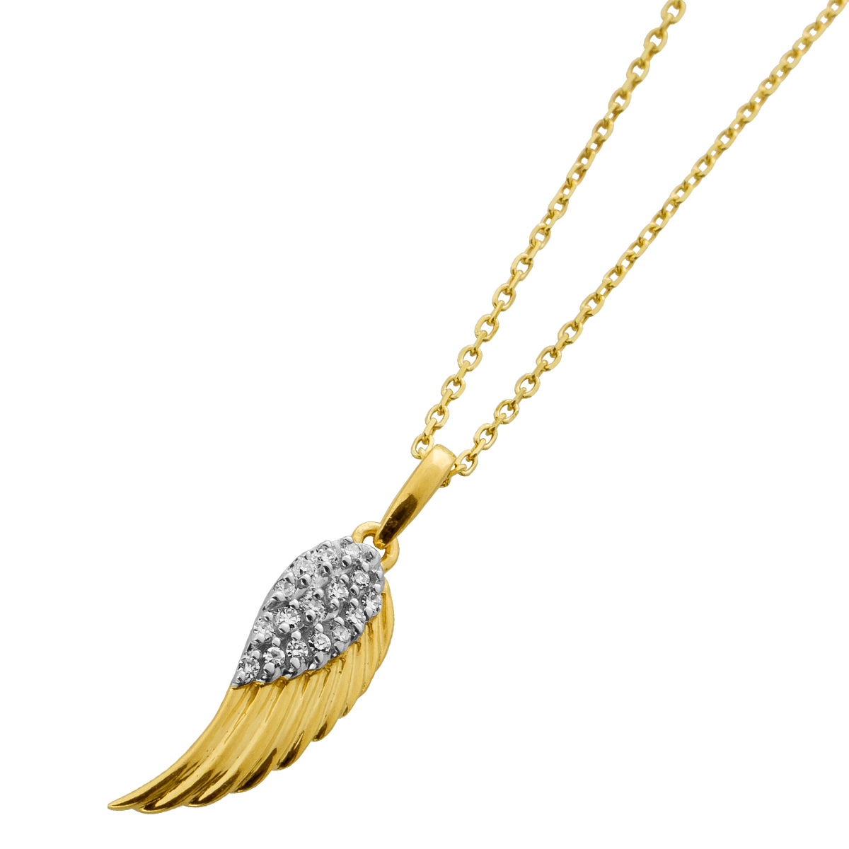 Feather pendant chain wing Gold 375 9K natural diamonds 45