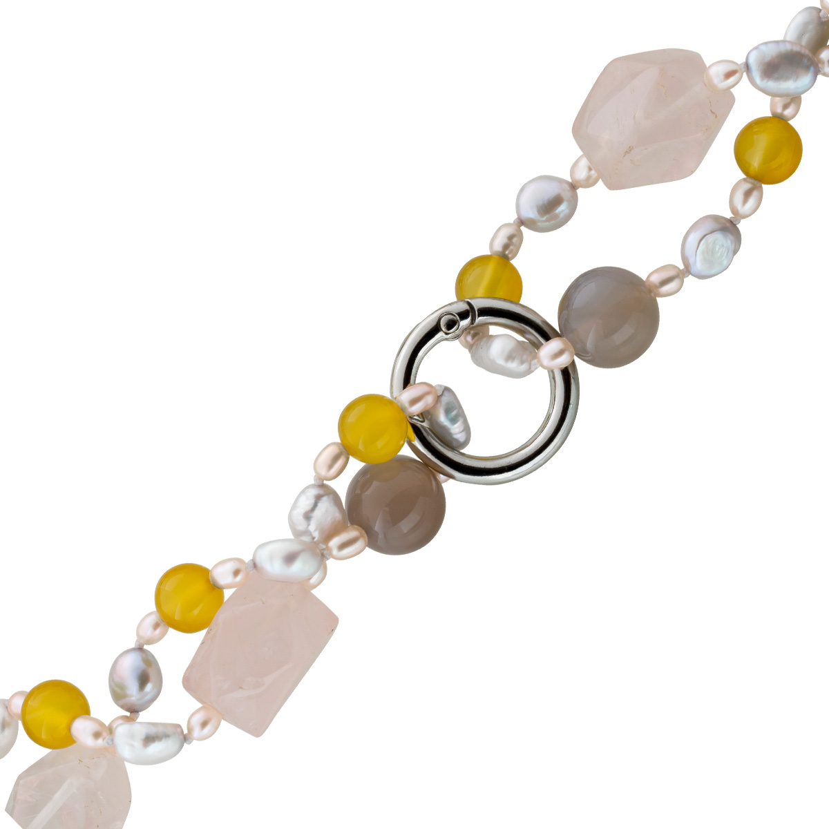 Perlenkette Süß grauer gelber Achat Rosenquarz Natur Edelsteine 90