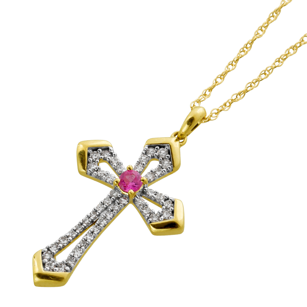 Kreuzkette Gelbgold 375 pinker Rubin 0.06ct 42 Diamanten 0.14ct W SI 45 Kreuzkette Gelbgold 375 pinker Rubin 0.06ct 42 Diamanten 0.14ct W SI 45
