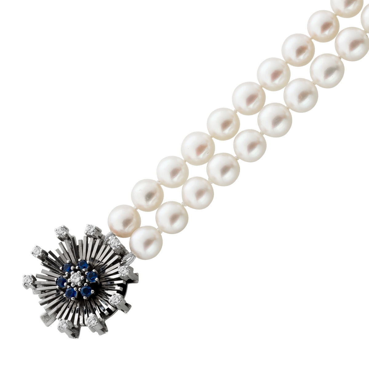 Perlenkette 8mm Weißgold 750 Saphir Diamanten 2 reihig Akoyaperlen 55