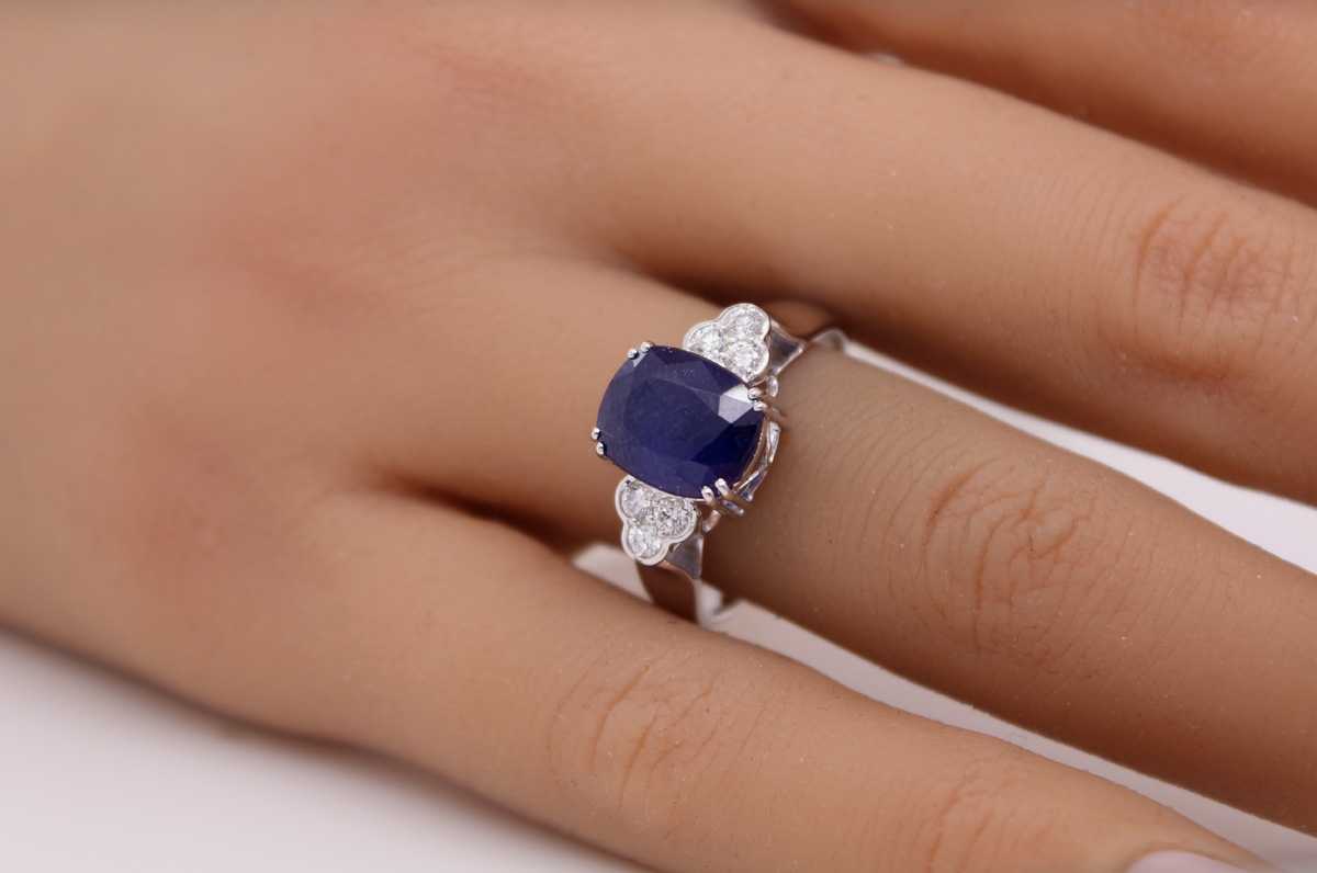 Sapphire Ring White Gold 585 14K Blue Gemstone Lab Grown Diamonds 19
