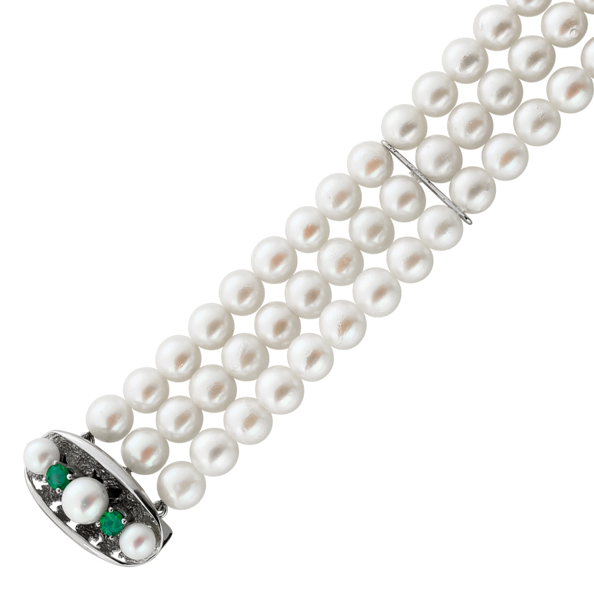 Armband Jap. Akoyaperlen 6,2-6,3mm Weißgold 585 grüne Smaragde 0.40ct 19 Armband Jap. Akoyaperlen 6,2-6,3mm Weißgold 585 grüne Smaragde 0.40ct 19