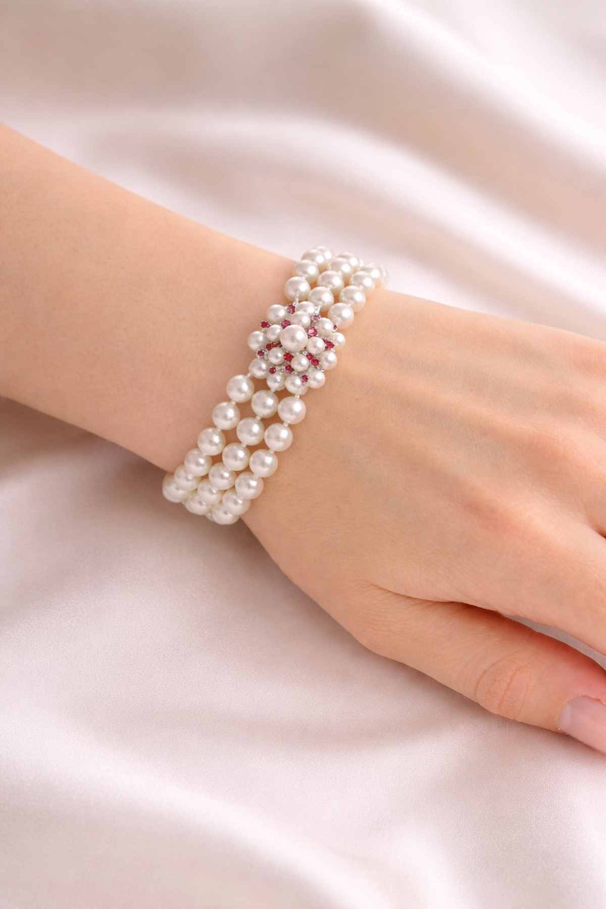 Pearl Bracelet 3-Strand Red Rubies Akoya Pearls 6.4-6mm White Gold 585 14K 21