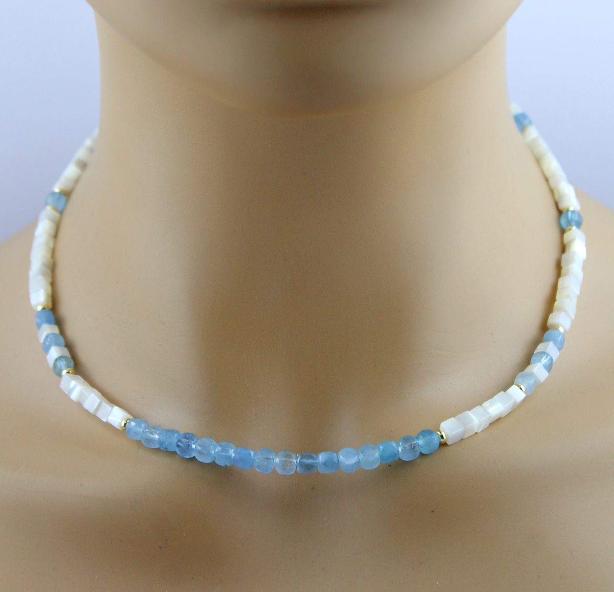 Aquamarine Necklace white mother-of-pearl natural gemstones silver gold-plated 50