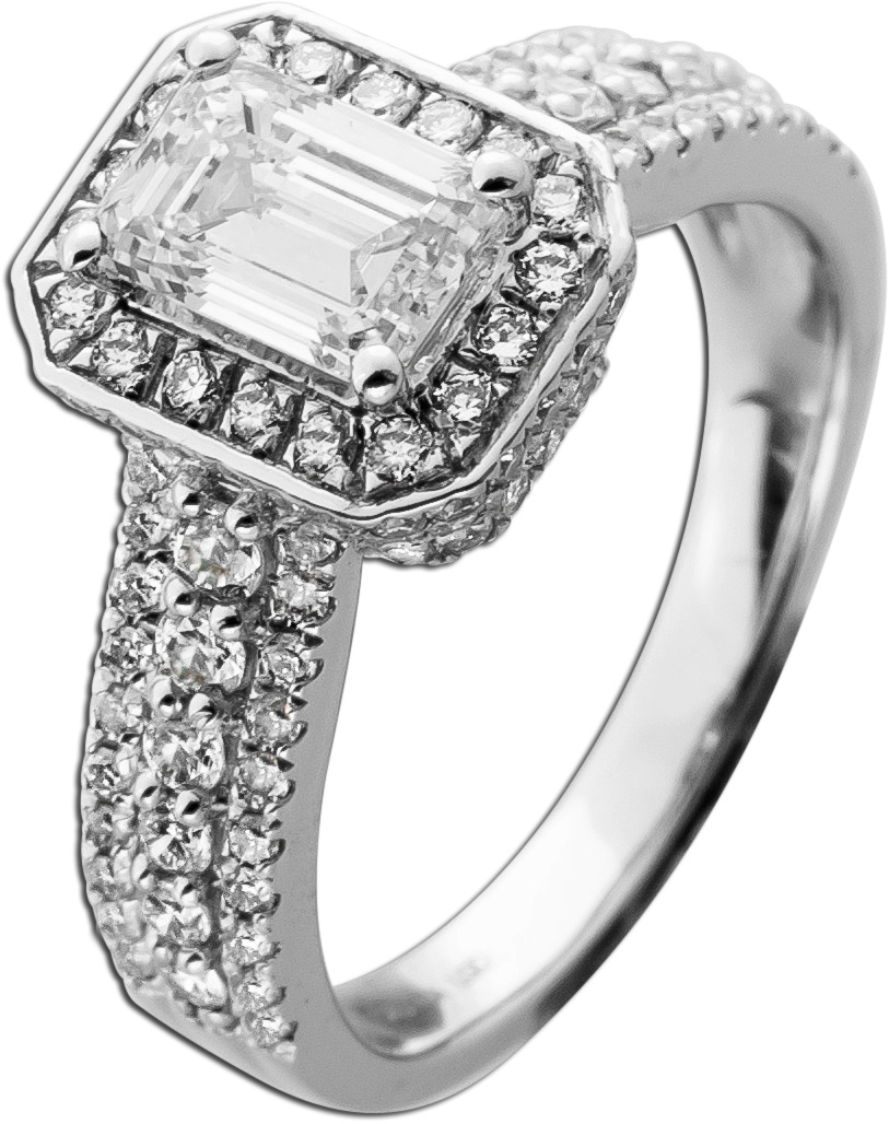 Diamantring Emerald cut Halo 1.90ct Weissgold 585 14K Lab Grown Brillanten 17