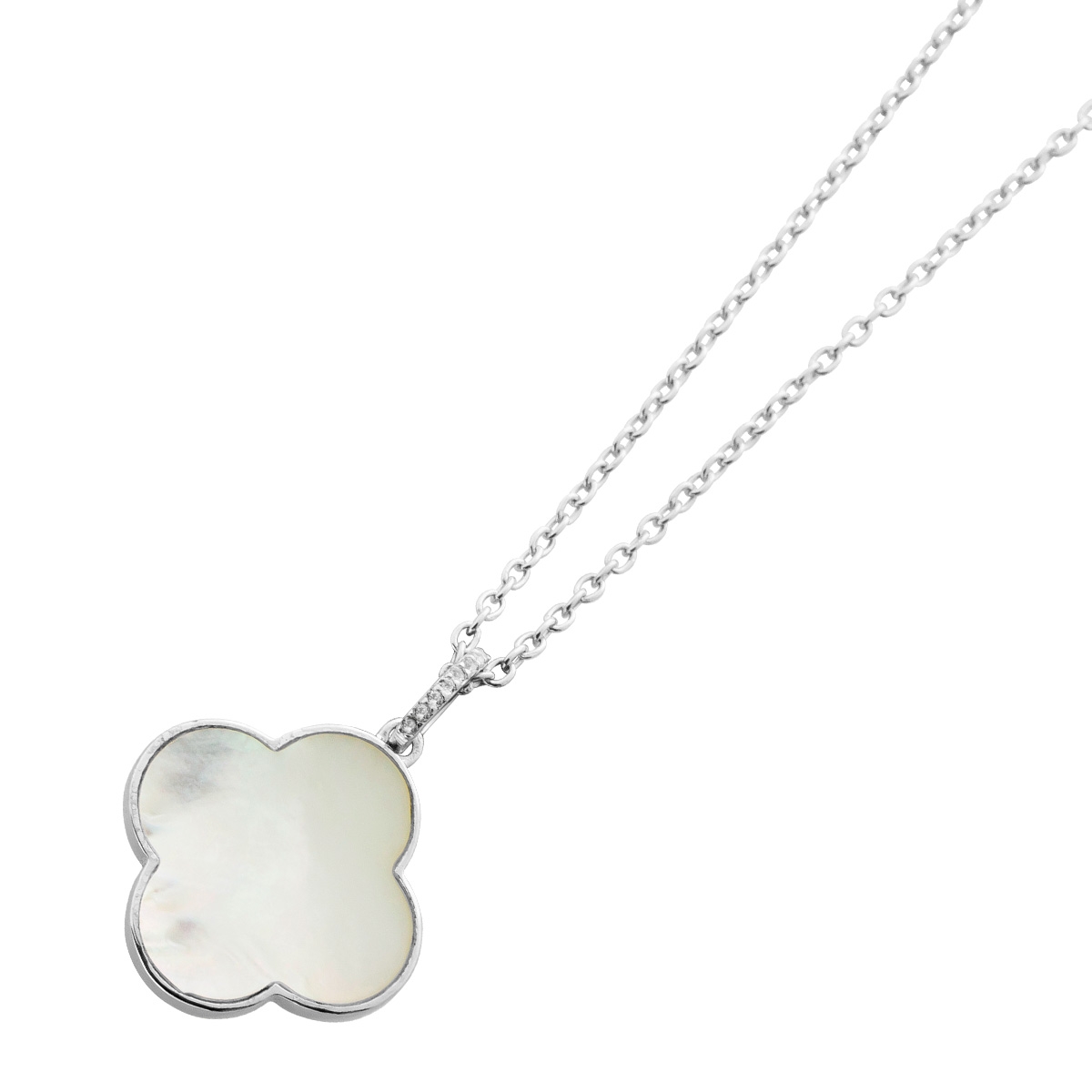 Mother of Pearl Chain Silver 925 White Four-Leaf Clover White Topaz Gemstones 47