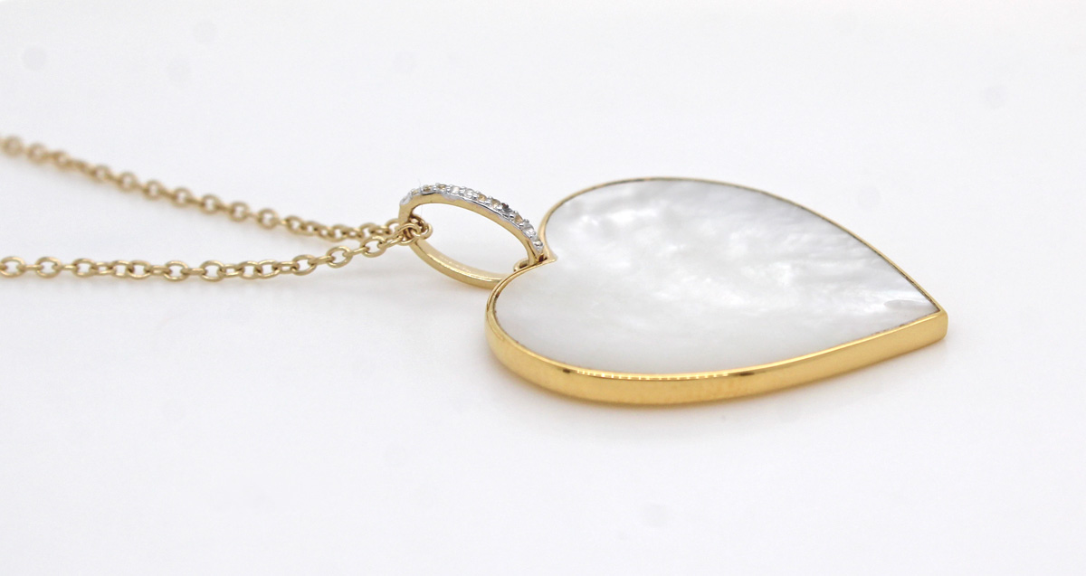 Mother of Pearl Heart Necklace Gold Plated Silver White Topaz Gemstones 47