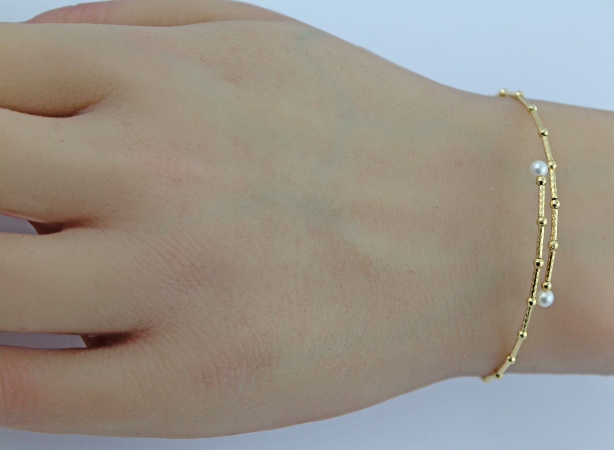 Perlen Armreif Gold 750 14K weiße Süßwasserzuchtperlen 3-3.5mm 99