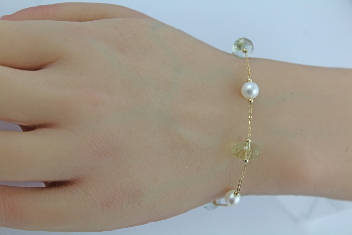 Perlenarmband Gold 585 14K nat grüne Amethyste nat Zitronenquarze Süßwasserzuchtperlen 19