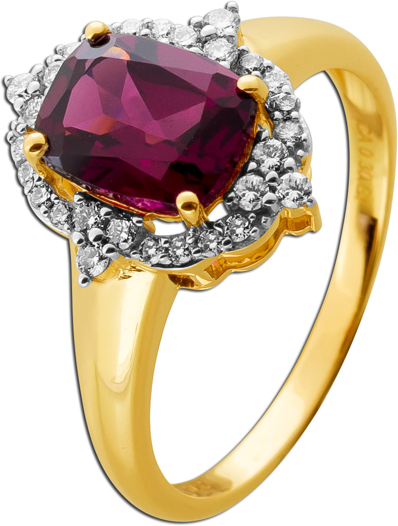 Diamantring Gold 375 9K Natur Rhodolit 2.95ct Lab Grown Diamanten 0.30ct 19