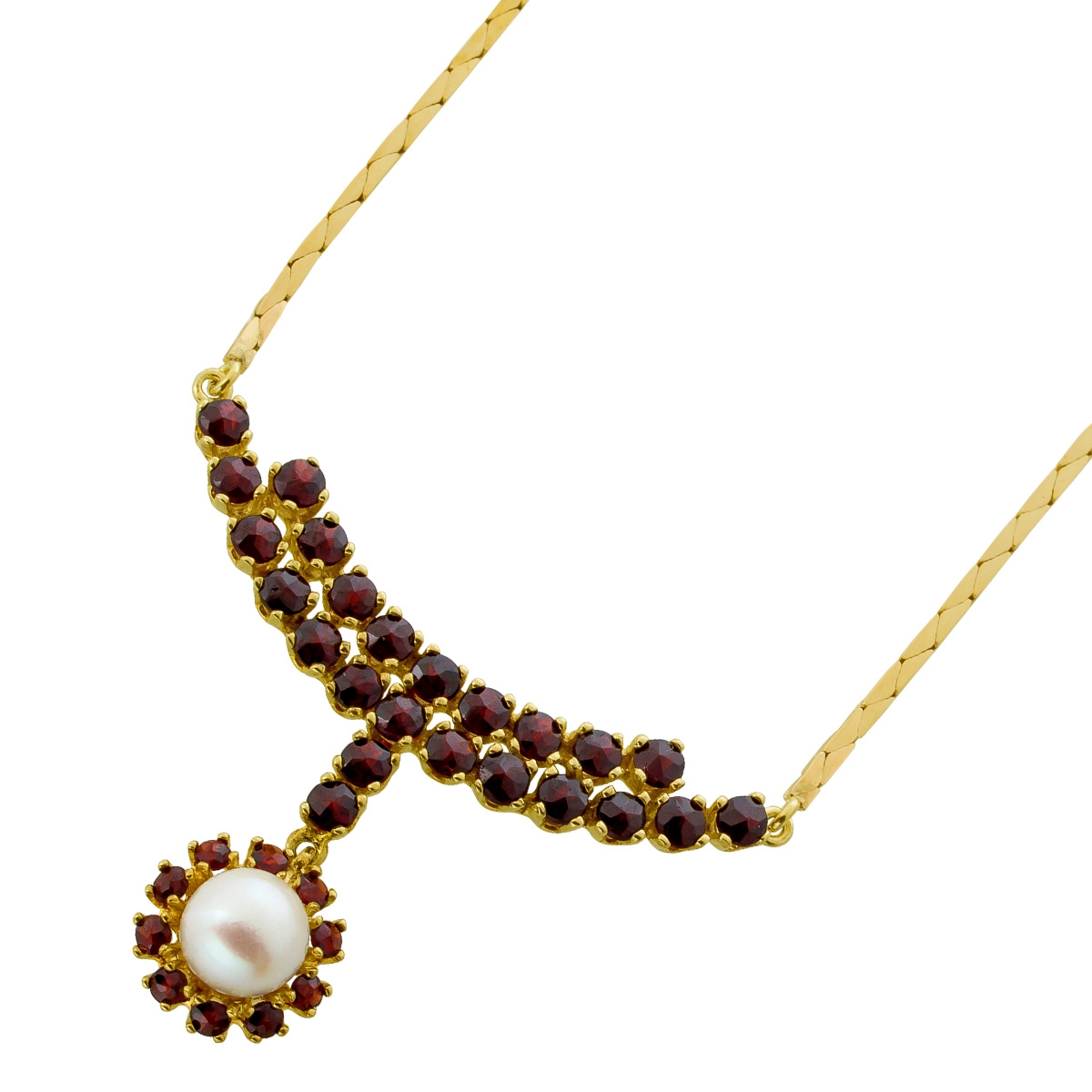 Granat Collier Gold 333 8K rote Edelsteine Akoyaperle Antikschmuck 40