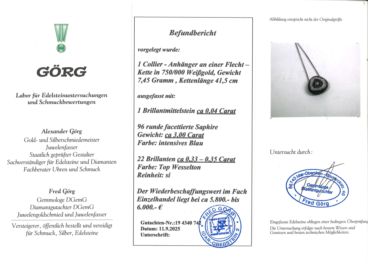 Sapphire Collier White Gold 750 18K blue Gemstones Brilliants 0.39ct 42